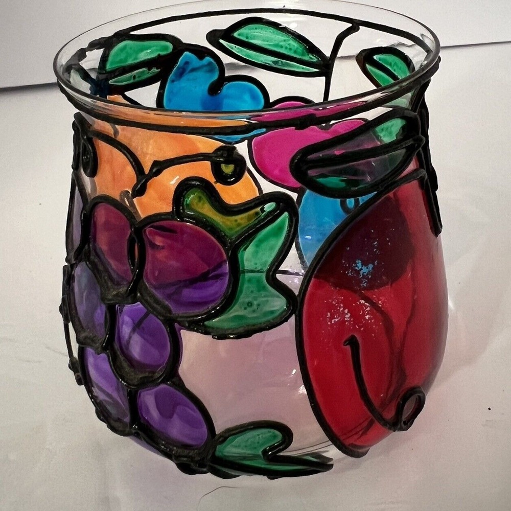 Vintage Fruit Stained Glass  Small Vase Or‎ Votive Candle Holder